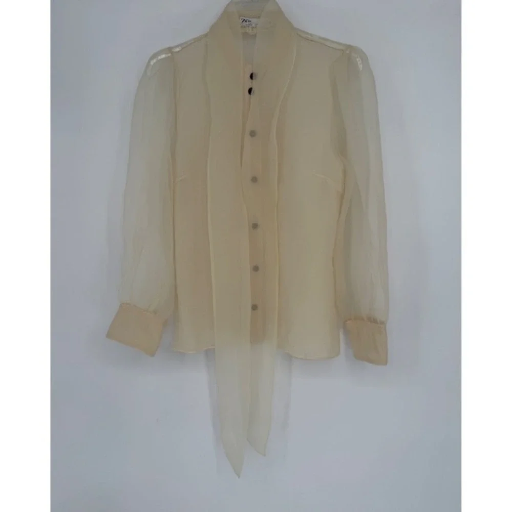 Zara Organza Bow Blouse Cream Sheer Button Front Top L Soft Femininity 102-08